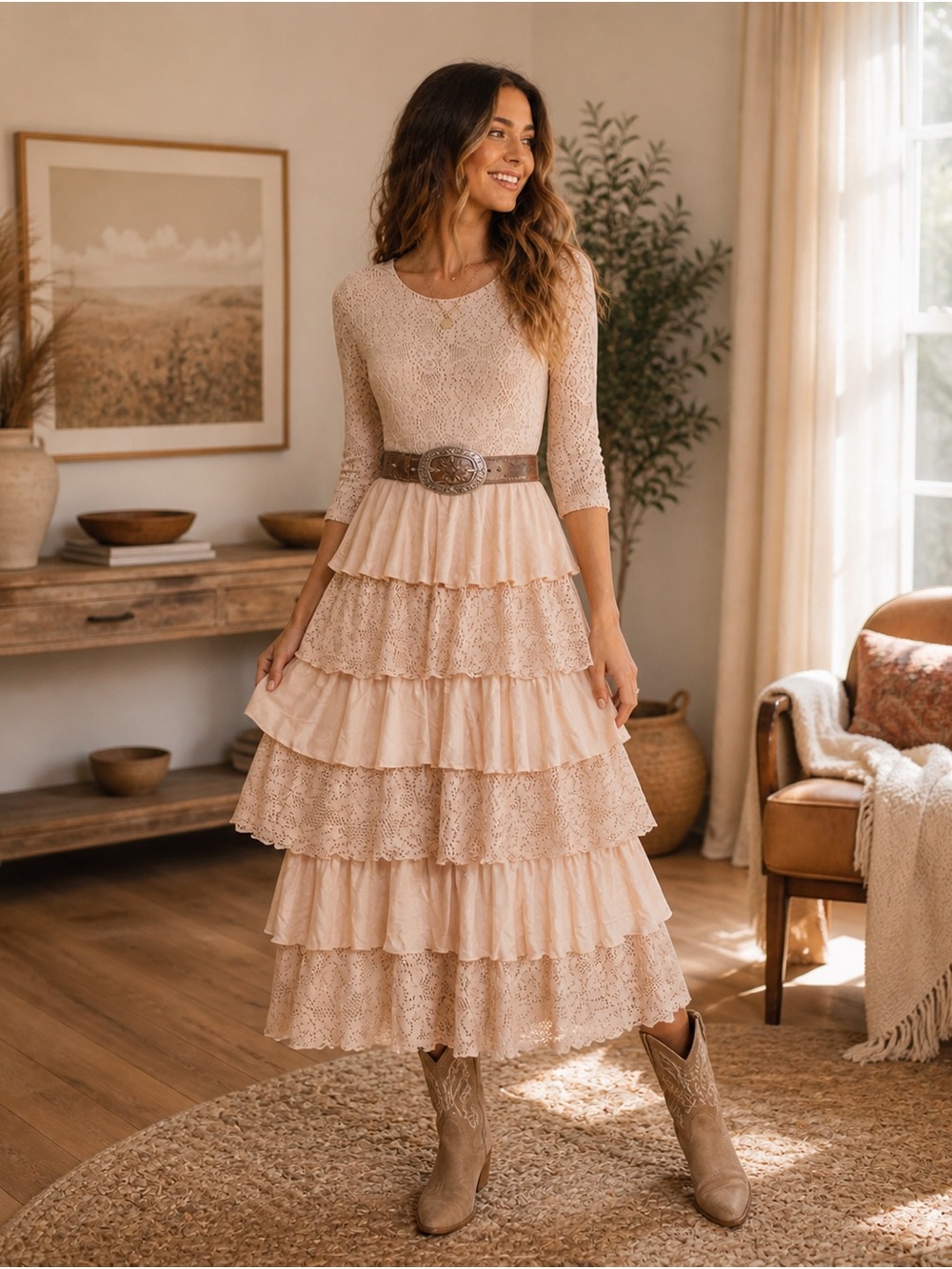 Anthropologie Dainty Jewells Tan and Cream Tiered Lace Midi Dress